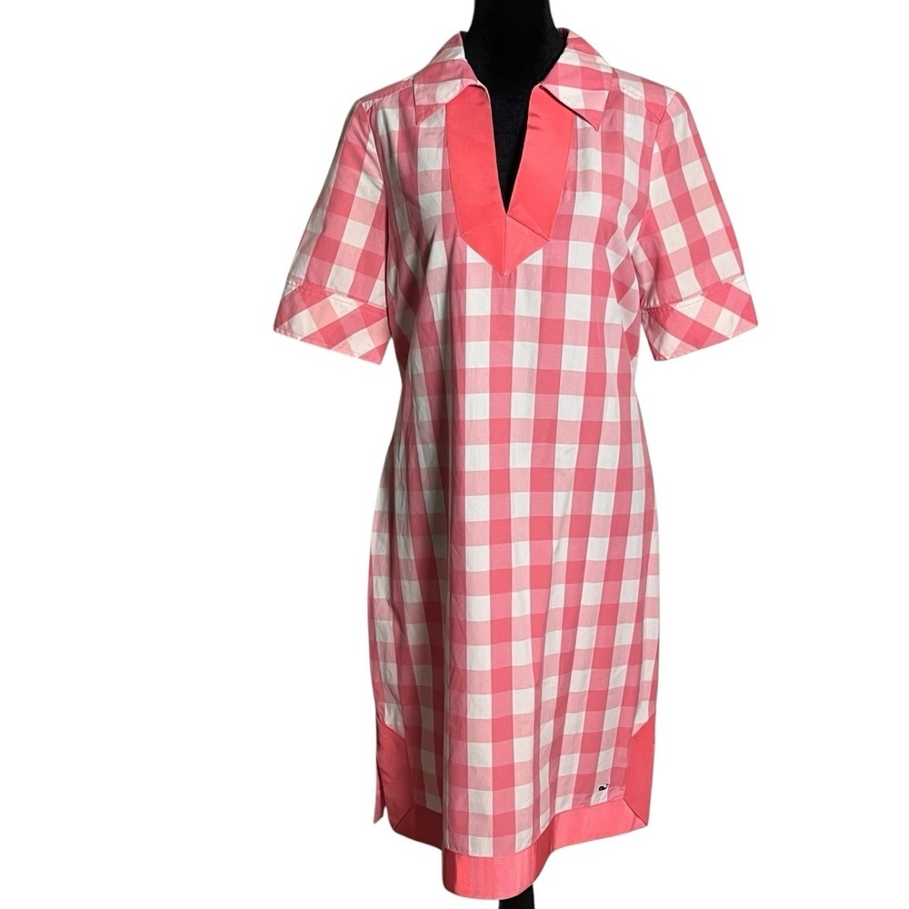 Vineyard Vines Pink White Gingham Grosgrain Ribbon Cotton Dress — Size 8 - Picture 10 of 11